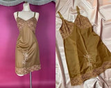 1960s slip vintage 60s CARAMEL TAN LACE nylon lingerie dress