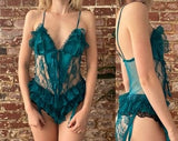 Pornhint Vintage 1990s Frederick's of Hollywood Lace Teddy - 80s Teal Ruffle Lace Teal Crotchless Teddy - Slit Cups - Garter Straps - Medium