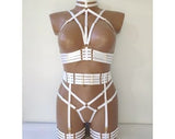 White elastic full body crotchless lingerie, white body harness, open bridal lingerie set, erotic colored bondage lingerie, elastic straps