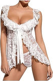 Zzalalana Plus Size Sexy Lingerie for Women Naughty Sex Play Lace Babydoll Nightgown Front Slit Bowknot Chemise and Panty Set