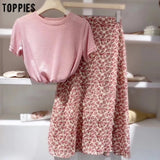 Toppies Summer Cute Pink Set Women Two Pieces Set Casual Cotton Linen Slim T-shirts High Waist Skirts - Khalesexx
