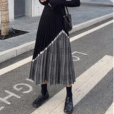 ZAWFL 2021 Winter Women's Fashion Houndstooth Midi Skirt Female High Waist Pleated Knitted Thick Black Warm Skirts - Khalesexx