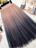 TIGENA Beautiful Gradient Color Long Tulle Skirts Women Korean A-line High Waist Pleated Maxi Skirt Female School Skirt Girls