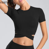 VERTVIE Tight  Yoga Shirts Women Short Sleeve Cropped Gym Tops Fitness  Running Workout Sport T-Shirts Sports Wear