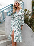 Simplee Elegant Green Leaf Print Dress Sexy Spring Long-sleeved V-neck Women Dresses 2021 Office Wrap Lace-up A-line Vestidos - Khalesexx