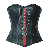 Women's Black Leather Corset Red PVC Strip Gothic Steampunk Overbust Bustier  Halloween Top