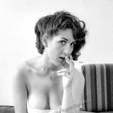 Vintage Mature 1970s Risque Photo 8x12 Custom Edit Photograph Married Busty Woman Smoking Fetish Cigarette Bare Feed Black White No Nudity