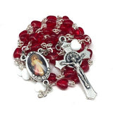 Divine Mercy Catholic Handmade Rosary in Czech Glass Heart Beads featuring a St. Benedict Crucifix