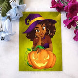 Waiting for the Spooky Season Witchy Semi-Gloss Art print, Curly Luxurious Haired Afro-Latina Witch with Jack-o-Lantern Pumpkin Decoration