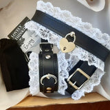 White Lace Collar and Cuff Set, BDSM Bondage Kit in Premium Black Leather, Fetish, Submissive, or Kitten Collar, Kinky Gift, Handmade by Us!