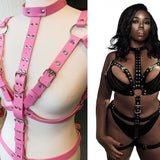 US Size 2-30+ Pink Plus Size Studs Eyelets Bra Leg Straps PVC Synthetic Leather Bondage Set BDSM Body Restraints Thigh Cuffs Choker