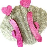 Retro Hot Magenta Pink Glitter Dildo Vibrator Penis Surgical Steel Hook Earrings