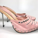 sz 37 / 7 US | vintage 90s Y2K Cammina silver studded western pinup rockabilly pink suede leather wooden spike stiletto mules sandals heels