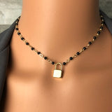 daycollars Discreet public choker   day collar Submissive DDlg Daddy gold stainless steel faux padlock & Ebony Black glass bead choker