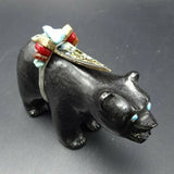 ZUNI Hand Carved BLACK ONYX Bear Fetish with Abalone Arrowhead Turquoise Coral