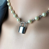 Discreet public day collar   submissive DDlg Daddy cream ivory glass pearl bead chain & stainless steel faux padlock choker