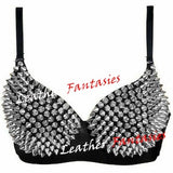 WomenÕs Genuine Leather Silver Spikes Bra With Adjustable Back| Women Sexy Gothic Punk Embellished Spike Bra Top