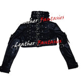 Women Genuine Leather Fetish Stunning Bondage Cropped Jacket and mini Skirt Suit Ensemble with Buckle belt straps For Bdsm Adult Cosplay