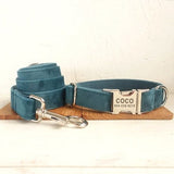 Turquoise Velvet Personalized Dog Collar and Leash - Personalised Dog Collar and Leash - Turquoise Customised Dog Collar and Bow Tie