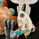 Zuni fetish carved bird  in Turquoise with Red Corral and Yellow jade. Drop earrings in silver