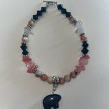 Zuni Carved Animal Bear Bracelet in Blank Goldstone with Pink Quartz, a Red Line Jasper, glass beads