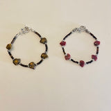 Zuni Fetish Carved Animal Bears Beaded Bracelets made with Leopard Jasper, Rhodonite, Black Penshell beads.
