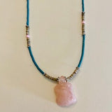 Zuni Fetish Carved Animal Turtle in Rose Quartz, Turquoise and oyster shell necklace