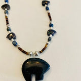 Zuni Fetish Carved Animal Bear in Dumortierite (denim color) necklace with Penshell.