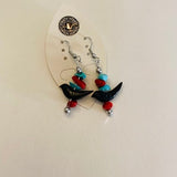 Zuni Fetish Carved Animal Blackbird Earrings, Black Onyx, Turquoise, Red Coral