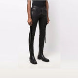 Slim Fit Leather Trousers Men's Real Sheep Leather Fetish Pants Side Leather Straps Bikers Trouser Motorcycle Pants Zipper Bottom