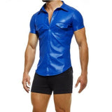 Sexy Fetish Men's Real Cow Blue Leather T-Shirt Designer Shirt Front Snap Pocket Slim Fit Shirt Party Club Wear Shirt Handmade Shirt