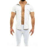 Sexy Fetish Men's Real Cow White Leather T-Shirt Designer Shirt Front Snap Pocket Slim Fit Shirt Party Club Wear Shirt Handmade Shirt