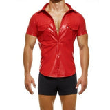 Sexy Fetish Men's Real Cow Red Leather T-Shirt Designer Gay Shirt Front Snap Pocket Slim Fit Shirt Party Club Wear Shirt Handmade Shirt