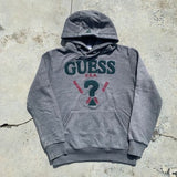 Vintage 90s Guess usa Embroidered Logo Hoodie Velvet Big Logo VTG American Streetwear Made in usa Size Smaller S XS Unisex Question Pullover