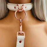 white vegan leather fetish bondage collar and lead with rose gold hardware