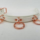 white vegan leather fetish bondage collar with rose gold hardware 3 x 25mm rings