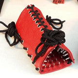 Triangular CBT Super Spiked Cock Corset set with Detachable Spiked Cock head Cone in Red & Black leather.