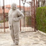 Hand Knitted Beige Catsuit with a balaclava, mittens and socks knitted in Fluffy Italian Mohair Yarn T1375