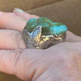 Zuni Native American Hand Made Leekya Deyuse & Dan Simplicio Carved Frog Fetish Ring w Leaves Natural Blue Gem Turquoise Sterling Silver Sz7