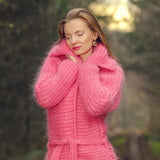 Designer pink mohair cardigan, fuzzy bespoke long handmade fuzzy sweater coat by SuperTanya