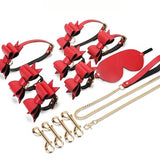 Leather Handcuffs Set with Golden Metal Chains, Chocker, Leather Blindfold, Red Ribbon Bow Design, Deluxe Leather Bondage Restraints Tools