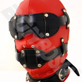 Bondage Hood With Silicone Gag and Blindfold - Fetish Red and Black Leather Gimp Mask, Mature