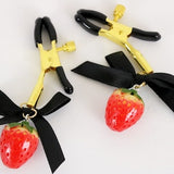 strawberry black bow Breast Nipple Clamps Clip with red bow, romantic, restraints, sex toy, bondage, harness, chastity, BDSM