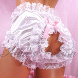 White Sissy Spanking Maid High Gloss Wet look Satin sexy unisex OOAK sissy fetish frilly crotchless butterfly Panties OS 26-44"