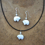 Zuni Fetish style White Howlite Bear Earrings & Necklace SET, beaded with Sterling Silver
