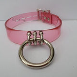 transparent pink lockable pvc fetish bondage collar 24mm wide with a 35mm o ring