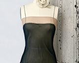 Vintage lingerie collectible JEAN YU black bias cut silk chiffon camisole, nude chiffon trim, adjustable spaghetti straps, 33 bust, Pristine