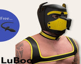 Yellow Pup Play Hood Gimp Mask Bondage  Cosplay + Collar + Harsess + FREE Insertable Tail Butt Plug - Dog Puppy BDSM
