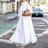 2023 VONDA Summer Dress Women Turtleneck Vintage Short Sleeve Party Dresses Elegant Robe Bohemian Vestidos Long Maxi Robes Femme