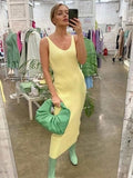Khalesexx casual MEIYANGYOUNG Yellow V Neck Summer Dress 2021 New Dresses For Women Spaghetti Strap Knitted Long Dress Women's Summer Sundresses